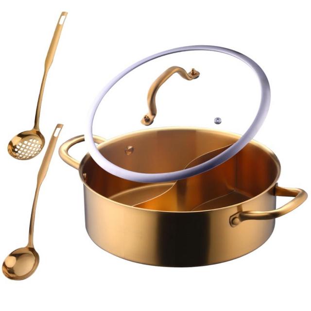 11.8 Inch Stainless Steel Shabu Hot Pot with Divider, Glass Lid Dual Sided Stockpots, Slotted Spoon and Soup Ladle for Induction Cooktop Gas Stove,Dishwasher safe (Gold)