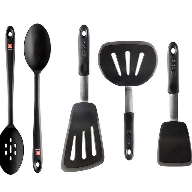 DI ORO 5-Piece Turner Silicone Spatula & Spoon Set - 600°F Heat-Resistant Kitchen Utensils - Dishwasher Safe, Food Grade, and BPA Free - 3 Turner Spatulas and 2 Silicone Spoons (Black)