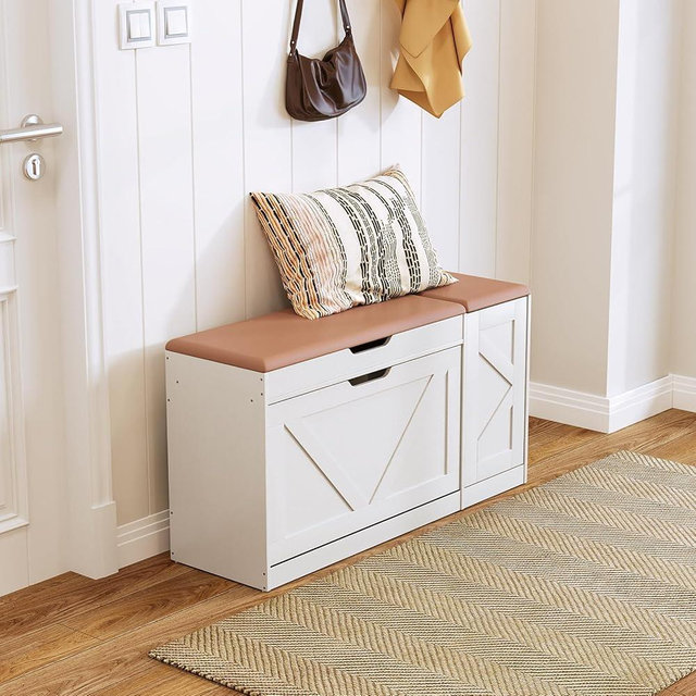 RsnuLpocv Shoe Storage Bench, 37.8" Wide Shoe Bench with Flip Drawer and Padded Cushion, Morden Shoe Cabinet with Top Storage Box, Shoe Organizer Rack for Entryway, Hallway, Bedroom(White)