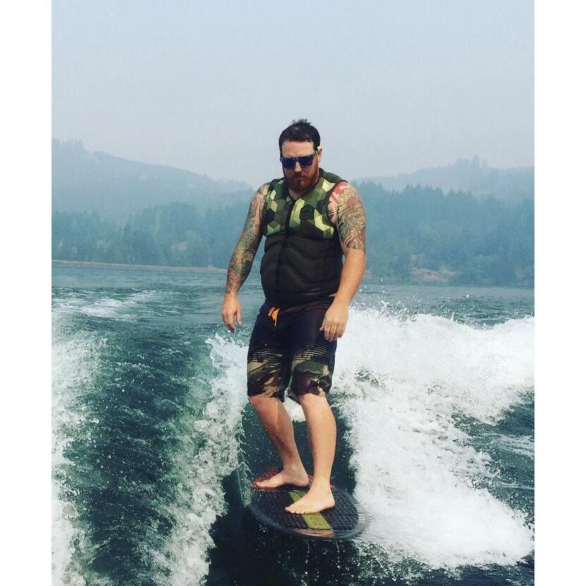 We spend most of the summer on our wakeboard boat. Where we both enjoy wake-surfing and camping.