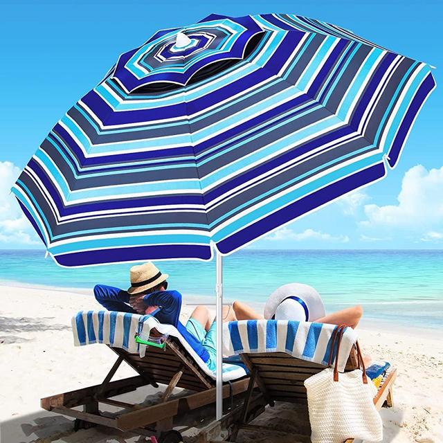 Beach Umbrella for Sand Wind Portable: 7FT Arc Length 6.5FT Diameter Heavy Duty Wind Resistant Striped Large Umbrellas UV 50+ Parasol with Anchor Screw Adjustable Height Tilting Pole 8 Ribs Carry Bag Lightweight