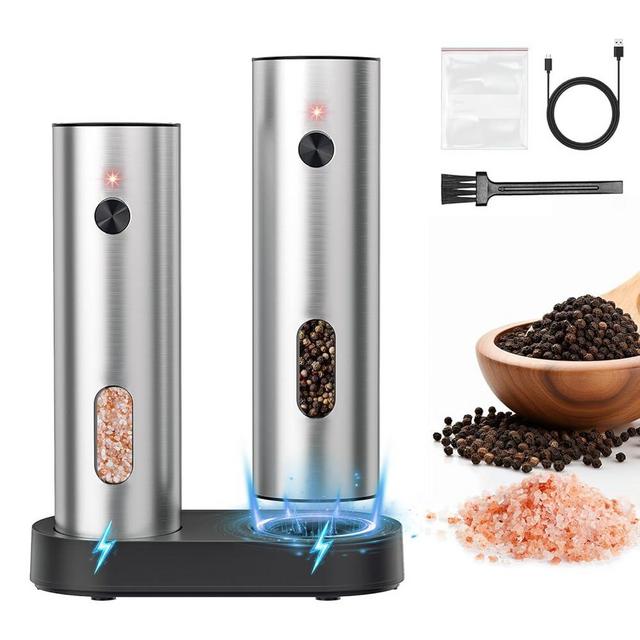 Electric Salt and Pepper Grinder Set,120ml Rechargeable Stainless Steel salt and pepper Grinder With Led Light and Adjustable Roughness For Kitchen, BBQ, Gifts,Outdoor