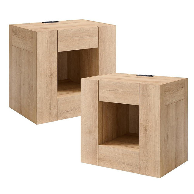 OKD 24" Modern Nightstands Set of 2, Large Wooden Night Stand with Charging Station & Drawer, Side Table Bedroom with Storage Shelf, Rustic End Table, Wood Thick Design,Natural Oak
