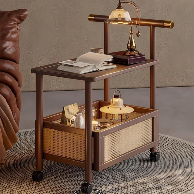 Mid-Century Cart, Mobile 2-Tier Cart with Armrests, Bamboo Carts with Storage, 360 Display Universal Wheel Sofa Side Table, Rustic Brown Side Table for Home, Hotel and Office (Brown, 2 Layers 50CM)