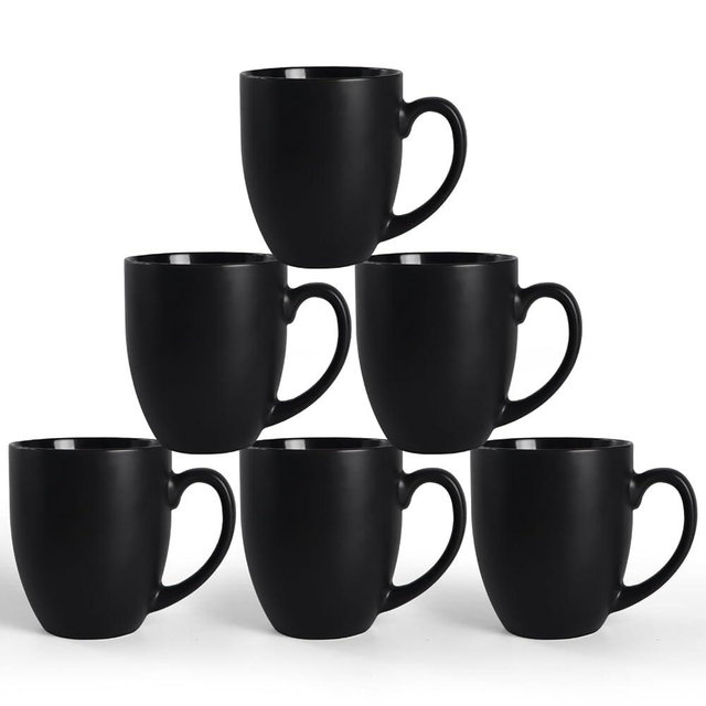 Serwrsw 16 OZ Black Stoneware Mugs Set of 6, Large Ceramic Coffee Cups with Handle, Porcelain Mugs for Latte, Milk, Tea and Juice
