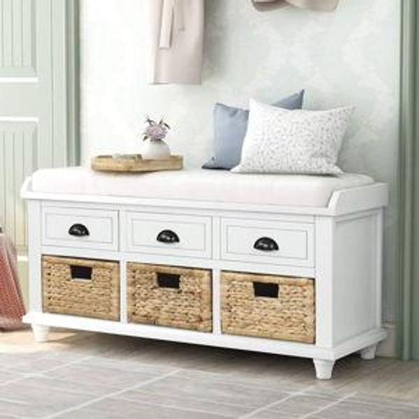 SOFTSEA Storage Bench with 3 Drawers, 3 Rattan Baskets and Removable Cushion for Entryway, Shoe Bench End of Bed Bench 3-Cube Storage Bench, Full Assembled, Home Collection (White)