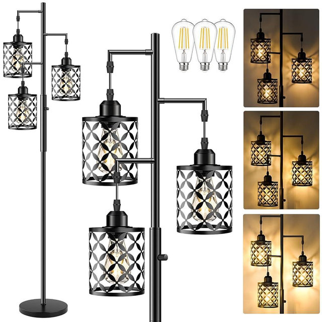 GHOOCEMLUX Dimmable Floor Lamp, Farmhouse Standing Lamp with Elegant Metal Cage, Industrial Tall Tree Floor Lamps for Living Room, Bedroom, Study Room, Office, 3 x 800LM LED Bulbs Included, 72", Black