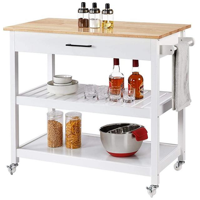 YAHEETECH Kitchen Island with Wheels, 3 Tier Rolling Kitchen Cart with 1 Drawer and 2 Spacious Storage Shelf Solid Wood Countertop, White