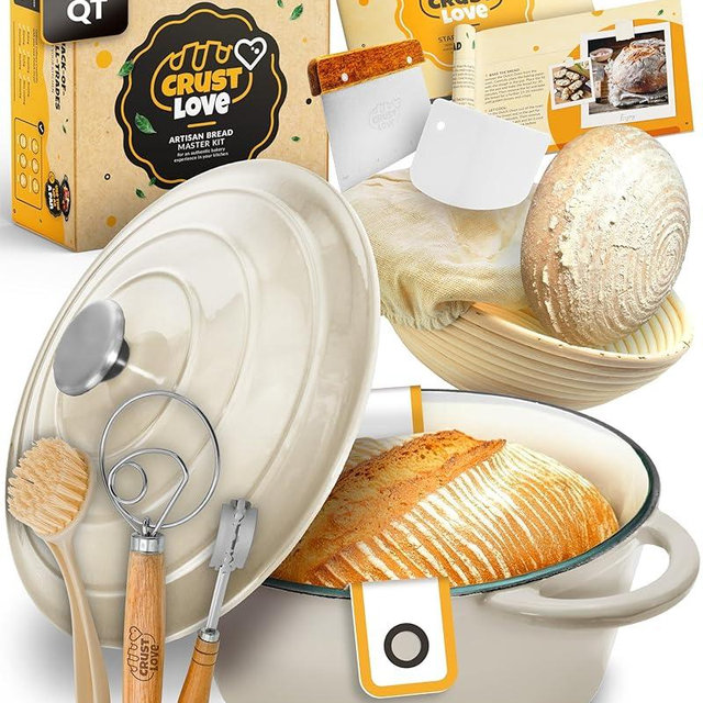 CRUSTLOVE Dutch Oven for Bread Baking - incl. Sourdough Bread-Baking Supplies like Banneton Bread-Proofing Basket - 5QT Enameled Cast Iron Bread-Oven with Lid, Baking Pan, Scoring Tool Lame