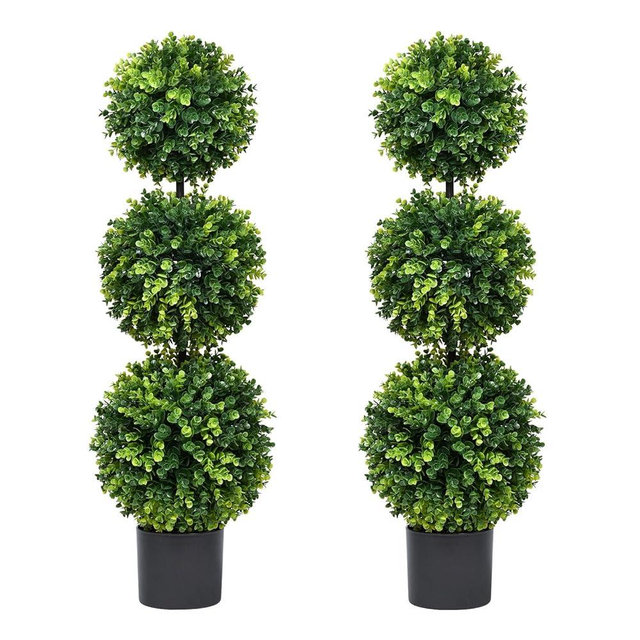 Lvydec 2 Pack Artificial Boxwood Topiary Tree, 3ft Topiary Ball Tree Potted Plants Decoration for Front Door Porch Home Living Room, Indoor/Outdoor Use