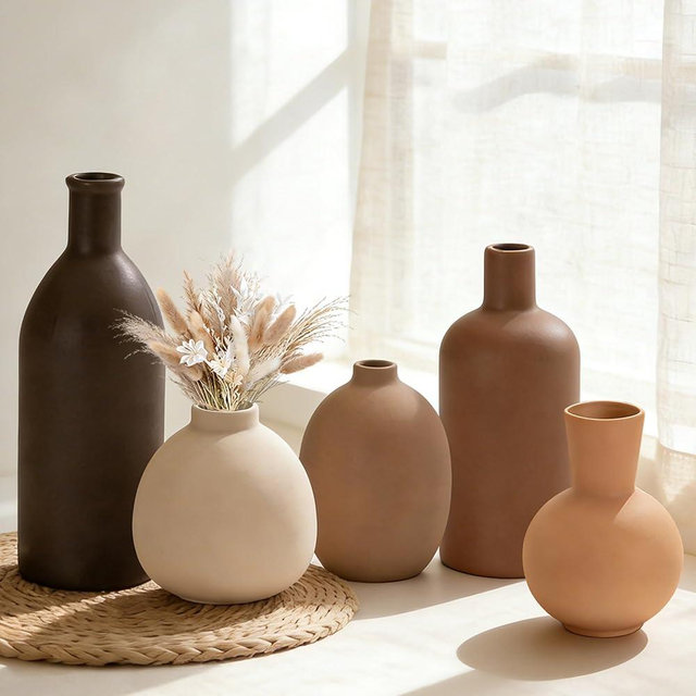 Modern Ceramic Vase Set 5, Small Flower Vases Home Shelf Decor for Centerpiece Farmhouse Fresh Flowers, Table Living Room Kitchen Bedroom Decoration for Holidays, Wedding, Birthday(Brown Beige Mix)