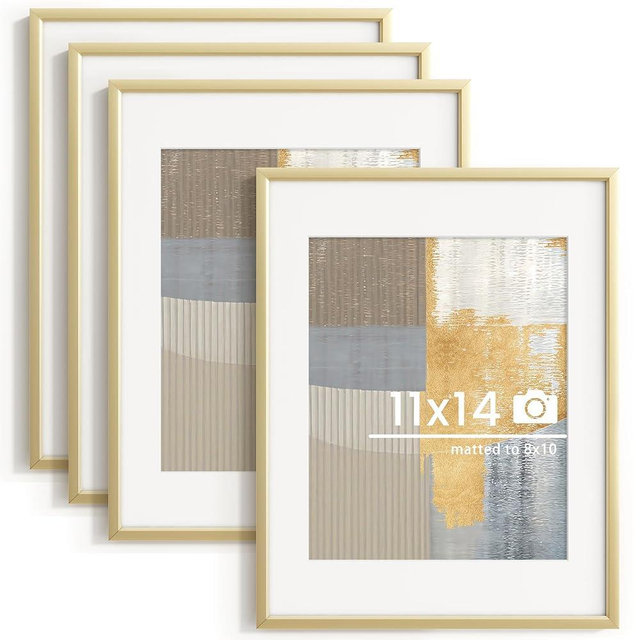 11x14 inch Metal Picture Frame - 11 x 14 Thin Aluminum Photo Frames with 8x10 Removable Mat - High Definition Plexiglass - Vertical and Horizontal Display - Wall Hook Hanging Hardware Included - Gold, Set of 4