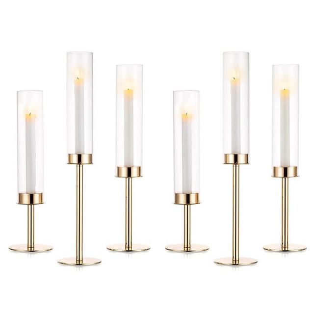 Nuptio Glass Hurricane Candle Holder for Taper Candles 6 Pcs Candlestick Holders Long Stem Candle Holders for Tabletop Centerpiece Home Wedding Decor Cylinder Candle Stand Windproof 14" 16" 18"