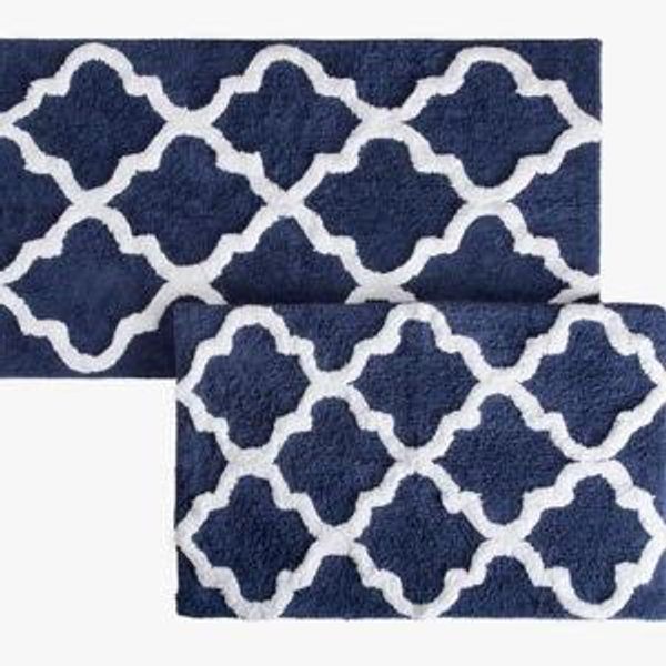 Freja 2PC Cotton Bathroom Rug Set - Bath Mat Set with Trellis Pattern and Non-Slip Base - Navy