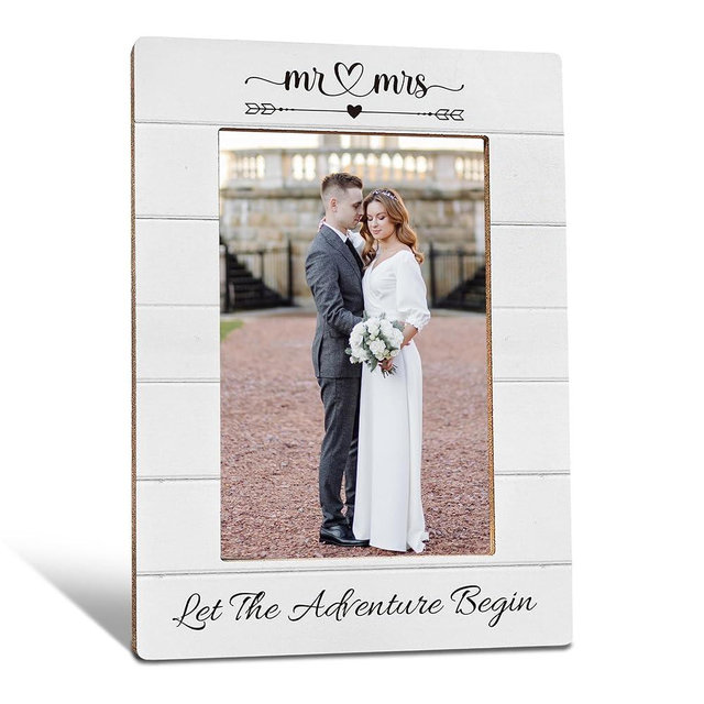 NJKRY Engagement Picture Frame, Engagement Gifts for Couples, Mr and Mrs Picture Frame, Wedding Engaged Wooden Photo Frames, Let The Adventure Begin Picture Photo Frame for Desk Table 4X6 Photos