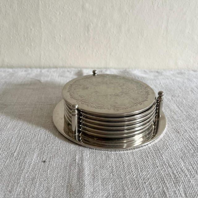 Vintage Silverplated Coasters with Rack, Set of Six Cup Coasters
