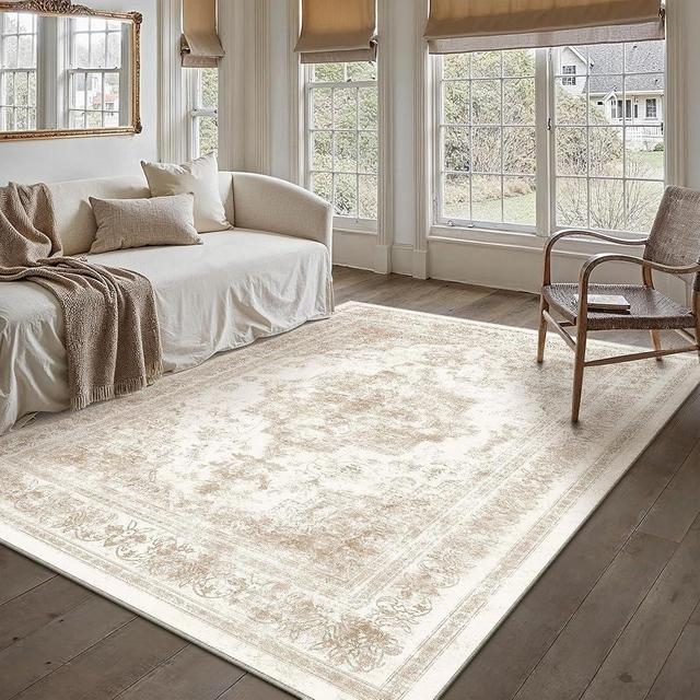 PureCozy Area Rug 6x9 Cream Washable Living Room Beige Carpet Non Slip Vintage Medallion Indoor Bedroom Beige Carpet Low Pile Soft Retro Distressed Large Rug Home Office Dining Room Playroom