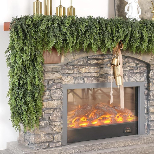 Christmas Cedar Garland - 6ft Artificial Cedar Garland Faux Lush Green Fake Pine Needles for Fireplace,Table,Window,Stairs,Mante,Holiday Indoor Outdoor Xmas Decor(2PCS)