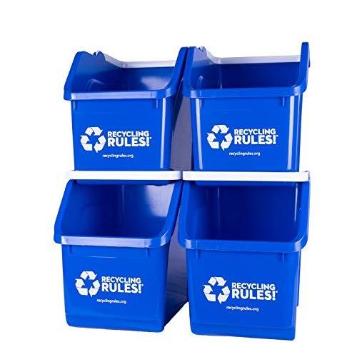 4 Pack of Bins - Blue Stackable Recycling Bin Container with Handle 6 Gallon