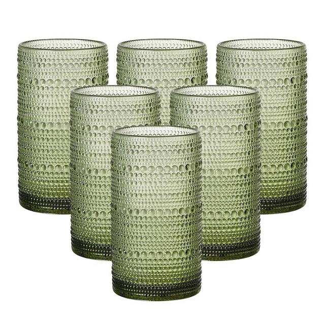 GDCCI 16oz Hobnail Drinking Glasses Set of 6, Vintage Large Capacity Embossed Green Tumblers, Highball Glasses for Water, Cocktail, Beer, Whiskey, Juice & Bar Use