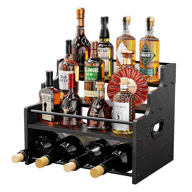 KLM 4-Tier Wood Display Shelf, Black Modern Bottle Organizer, Countertop Bar Stand for Liquor, Coffee Syrup, (Black)