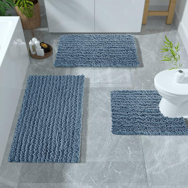 Yimobra Bathroom Rugs Sets 3 Piece, Fluffy Plush Chenille Baht Room Mats Set with Toilet Rug U Shaped, Shaggy Absorbent Non Slip Shower Rug for Sink, Laundry Room Mat, Machine Washable, Denim Blue