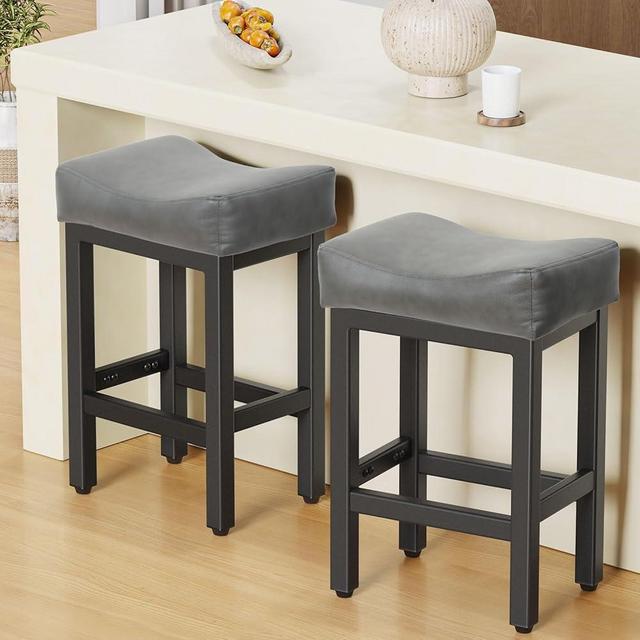 Raynesys Counter Height Bar Stools Set of 2, 24 Inch Barstools for Kitchen Island Counter, Bonded Leather Kitchen Stools with Thick Saddle Seats & Heavy Duty Metal Base, Easy Assembly, Gray/Black