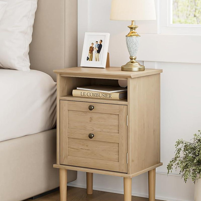 Apetaccat Nightstand, Boho Night Stand with 1 Drawer, Modern Side Accent Table with Open Shelf, Wooden Top Bedside End Table for Bedroom, Living Room, Natural