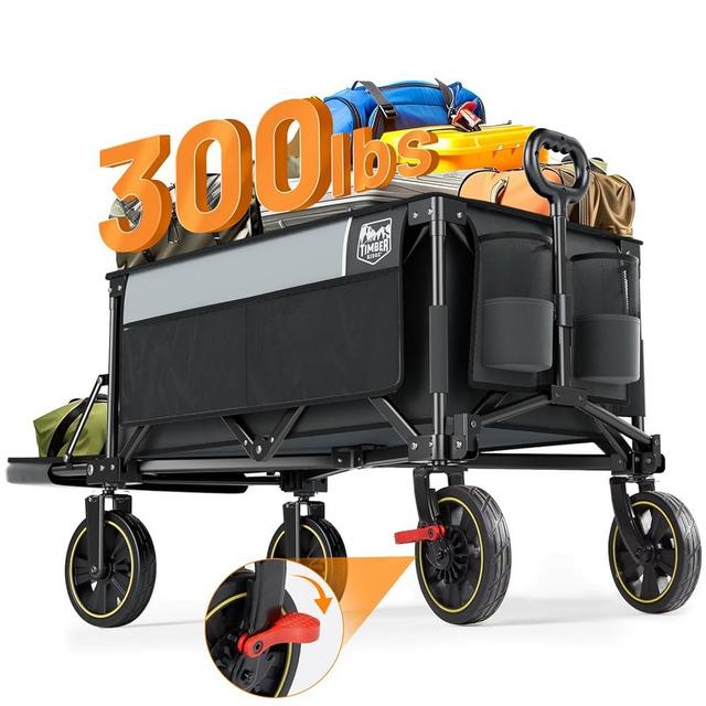 TIMBER RIDGE 49" Extra Long Collapsible Folding Wagon with Tailgate and Brakes, 300lbs Heavy Duty Foldable Wagon with Adjustable Handle, 250L Capacity Portable Cart for Outdoor Camping Sports, Grey