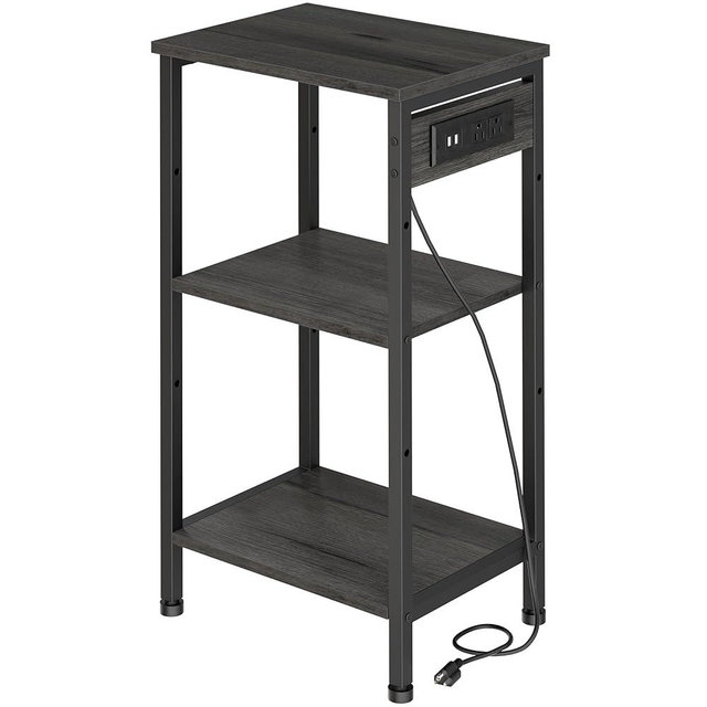 Asgolion Tall End Table with Charging Station, 3 Tier Narrow Beside Table with Adjustable Shelf, Tall Gray Side Table Nightstand for Bedroom, Living Room Coffe Table, Office, Charcoal Grey