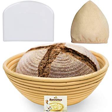 9 Inch Bread Banneton Proofing Basket - Baking Bowl Dough Gifts for Bakers Proving Baskets for Sourdough Lame Bread Slashing Scraper Tool Starter Jar Proofing Box