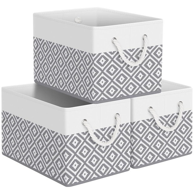 StorageTastic Storage Bins, 3-Pack Large Storage Box with Rope Handles, Collapsible Storage Basket for Organizing Books, Clothes, White & Grey