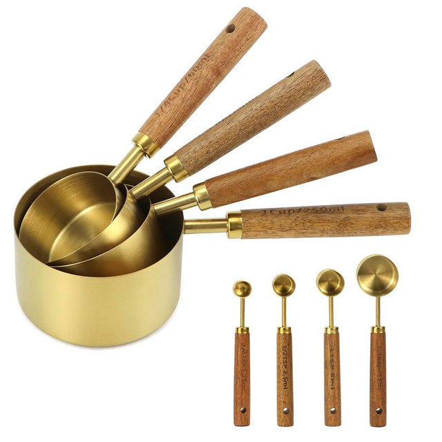 QWORK 8-Piece Stainless Steel Measuring Cups and Spoons Set - Non-Slip Solid Wood Handles, for Baking, Cooking, Grilling