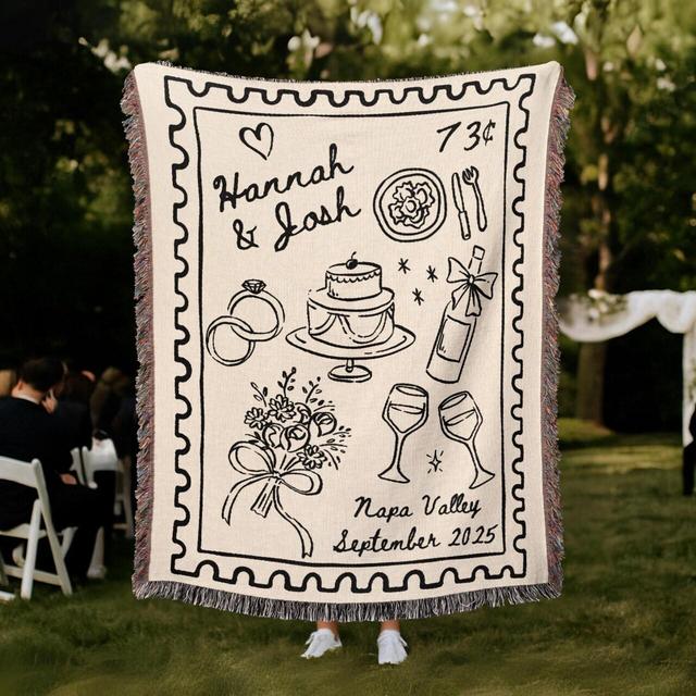 Custom Napa Valley Wedding Blanket, Personalized Woven Throw, Hand Drawn Wedding Stamp Gift, Whimsical Couple Keepsake, Wedding Souvenir