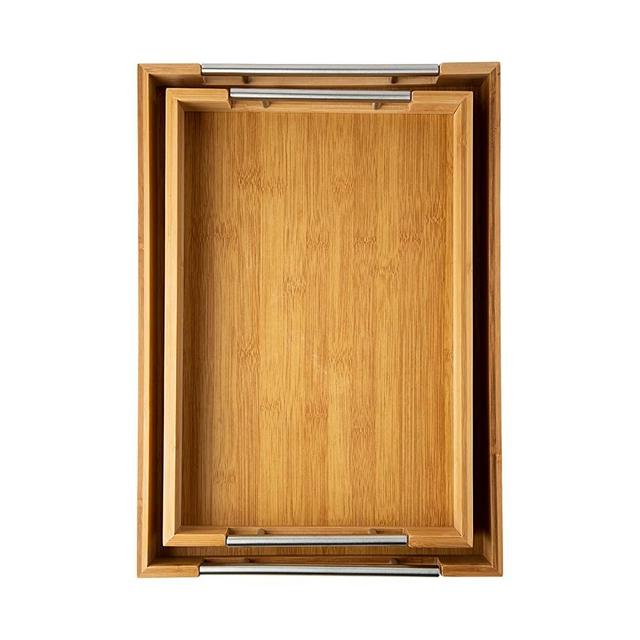 Modern Bamboo Serving Trays with Handle – Set of 2 Wooden Trays that Nest – Large and Small Tray Set for Food, Ottoman Décor & More – 100% Eco-friendly Bamboo Trays for Breakfast - Natural Color