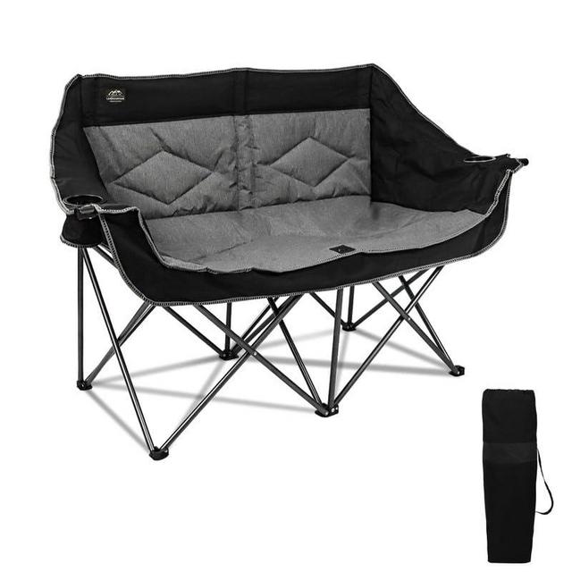 Folding Loveseat Camping Chair, Portable Double Chair w/Cup Holder,Wine Glass Holder,Carry Bag Heavy Duty Lawn Chair for 2 Adults,Perfect for Camp,Hiking,Picnics and Beach Trips,Black