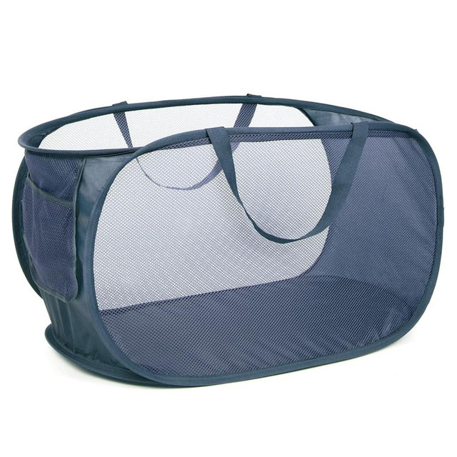 Durable Collapsible Laundry Baskets, Mesh Pop Up Laundry Hamper with Side Pocket, Foldable Clothes Storage Hamper with Reinforced Carry Handles for Laundry, Bathroom, Kids Room, Dorm or Travel Navy