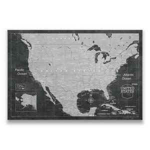 US Travel Map - Pin Board Modern Cork Pin Board Canvas Black and White (Modern Slate Style)