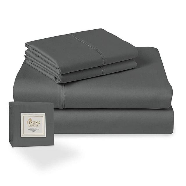 Pizuna 400 Thread Count Sheet Set, 100% Long Staple Pure Cotton Dark Grey King Sheets, Luxurious Smooth Sateen Weave Breathable Sheets fit Upto 15 inch Deep Pockets (Dark Grey King Cotton Sheets)