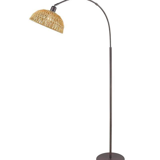 Odeums Rattan Floor Lamp, Retro Boho Arc Standing Lamp with Remote Farmhouse Bamboo Lamp Shade Floor Light Industrial Tall Lamp (Oil Rubbed Bronze)