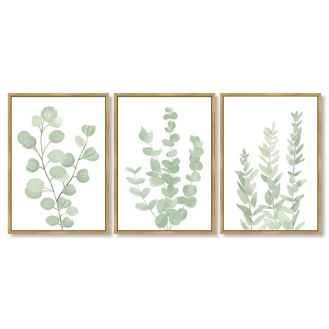 Drsoum Framed Botanical Plant Canvas Wood Wall Art Light Green Sage Wall Decor Eucalyptus Leaf Picture for Bedroom Living Room Bathroom Office 12”x 16” x 3pcs