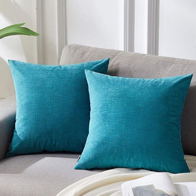 Topfinel Square Decorative Velvet Striped Throw Pillow Covers for Couch Sofa Chair Cushion Cover 18x 18 inches 45x 45 cm, Set of 2, Teal