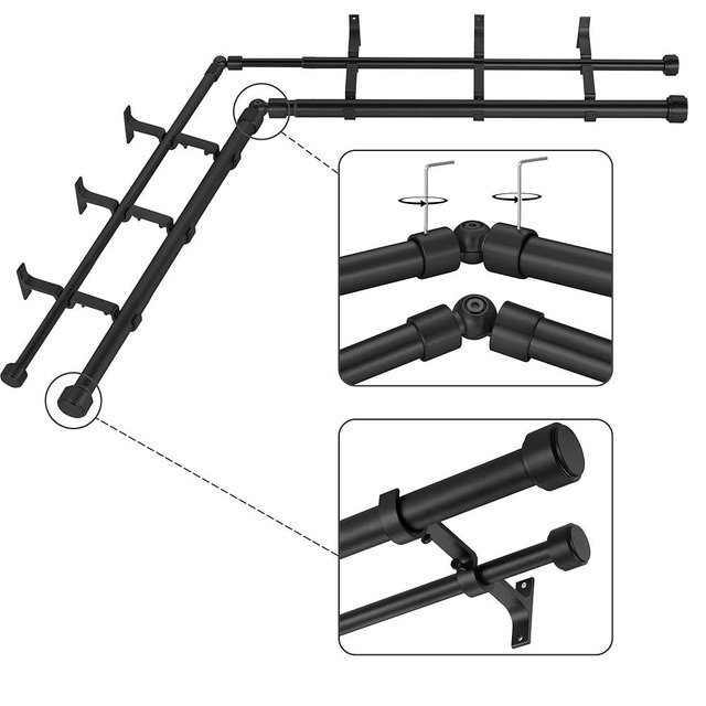 Mayrhyme Black Double Corner Window Curtain Rods with Aluminum End Cap Finials and Brackets,1 Inch Diameter Dual Bay Window Curtain Rods, Adjustable 2 Sided 32-86 Inch Double Drapery Rod