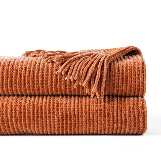 BATTILO HOME Rust Orange Throw Blanket for Couch, Soft Chenille Knit Throws with Tassels for Home Decor, Fall Caramel Throws for Couch Cover, 60"x80"
