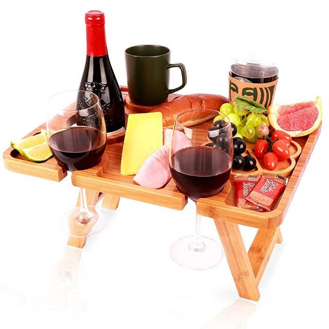 NATURE FACTORY Bamboo Wine Picnic Table with Glass Holder and Snack Tray, 16.9” x 13”, Fun Portable Travel Size Foldable for Beach, Park, and Outdoor Camping, Medium (Medium)