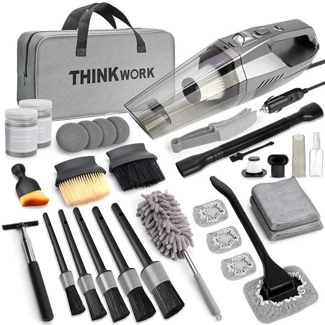 THINKWORK Car Cleaning Kit, Car Vacuum Kit, Car Detailing Kit Interior Cleaner - High Power Vacuum with 10Pcs Brush and Storage Bag, Gray Car Interior Cleaning Kit for Men and Women