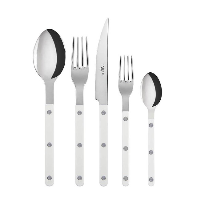 SABRE PARIS - 5-Piece Flatware Set - Bistrot Collection - Knife, Fork, Soup Spoon, Teaspoon & Dessert Fork - Stainless Steel & Nylon - Dishwasher Safe - White - Brilliant Finish