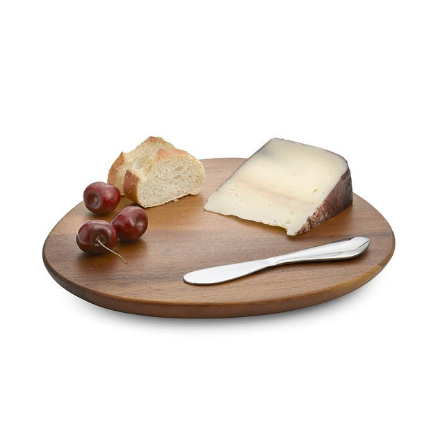 Nambé Xeno Cheese Board with Spreader, Acacia Wood & Stainless Steel Serving Set for Cheese & Charcuterie & Crackers, 10.5 inch Board & 7.5 inch Spreader, Modern Dining & Entertaining Essential