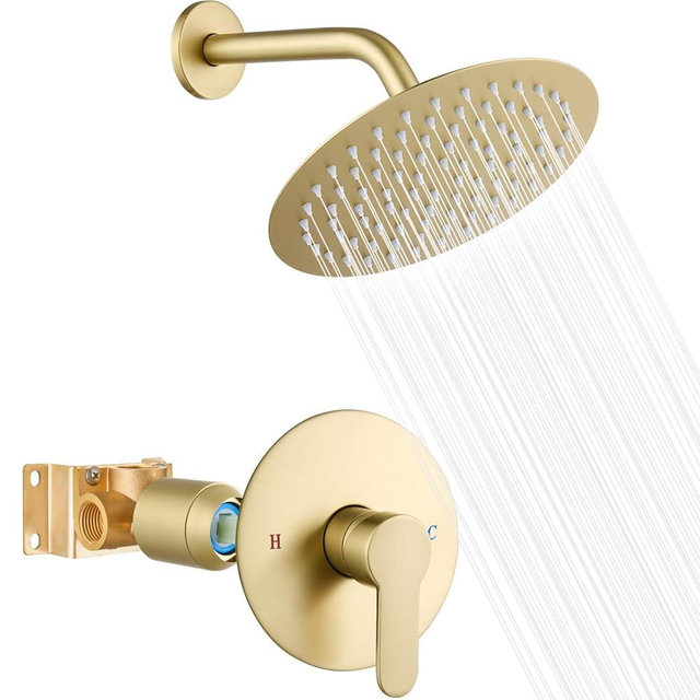Heyalan Shower 8 Inch Head and Handle Set Round Shower Faucet Set Bathroom Rainfall Shower System Stainless Steel Showerhead Single Function Shower Trim Kit,Female Thread Valve,Brushed Gold