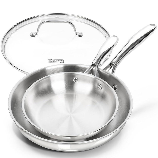 MICHELANGELO Stainless Steel Frying Pan Set with Lid, 8" 10" Cooking Pan set with Triply Base, Stainless Steel Skillet with Ergonomic Handle, Induction Compatible